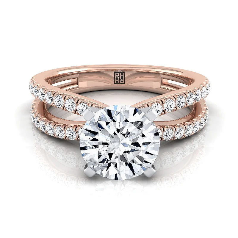 engagement rings with radiant sapphires and diamonds in modern styles-14K Rose Gold Round Brilliant Diamond Two Row Pavé Split Shank Engagement Ring -1/3ctw