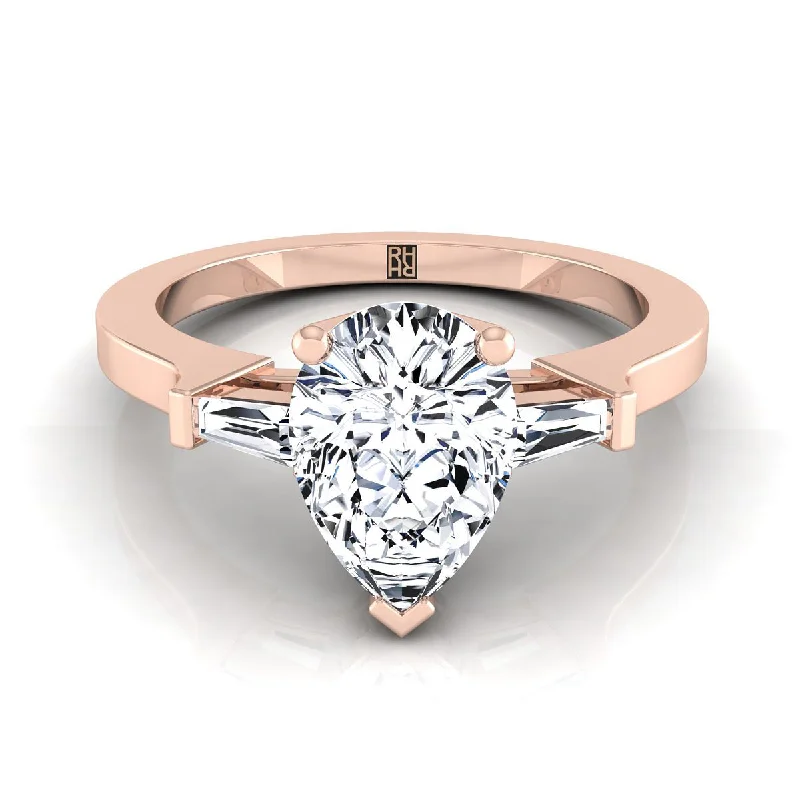 engagement rings with square sapphires and diamond accents-14K Rose Gold Pear Shape Center Diamond Tapered Baguette Accent Engagement Ring -1/4ctw