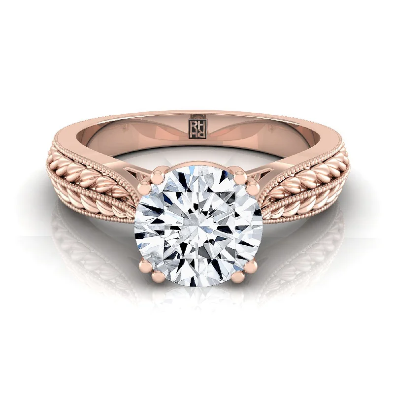 women’s engagement rings with princess-cut diamonds and sapphires-14K Rose Gold Round Brilliant Antique Wheat and Bead Pinched Solitaire Engagement RIng