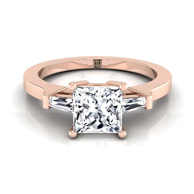 women’s wedding rings with sapphire and diamond pave settings-14K Rose Gold Princess Cut Diamond Tapered Baguette Accent Engagement Ring -1/4ctw