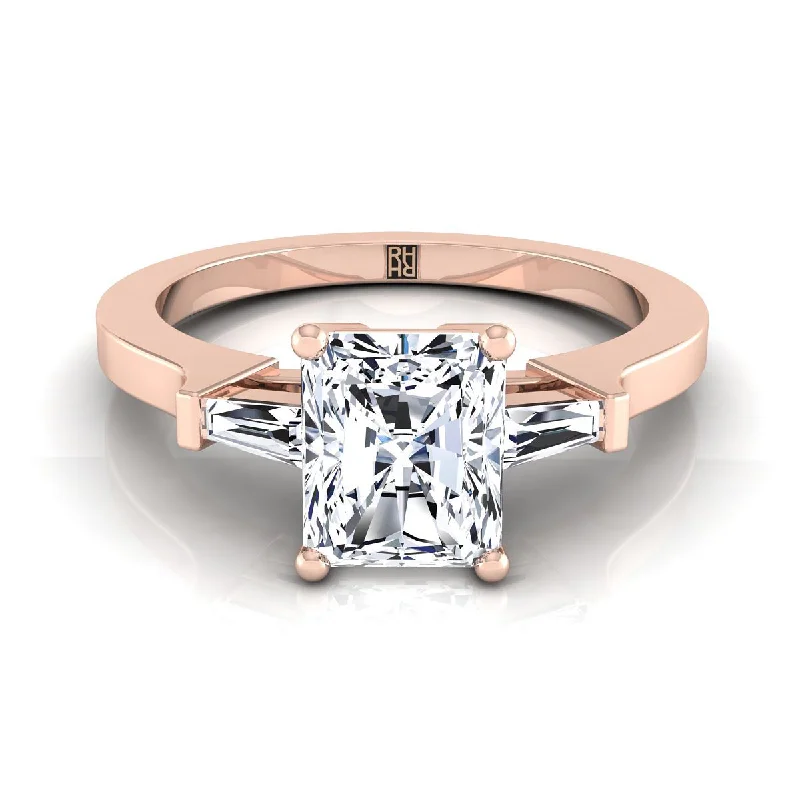 men’s wedding rings with multi-stone sapphires and diamonds-14K Rose Gold Radiant Cut Center Diamond Tapered Baguette Accent Engagement Ring -1/4ctw