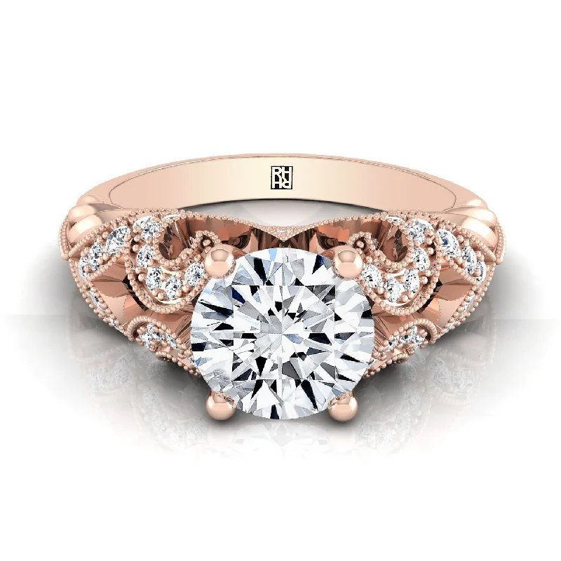 engagement rings with radiant sapphires and diamond pave designs-14K Rose Gold Round Brilliant Beautiful Open Scroll and Antique Bead Diamond Engagement Ring -1/3ctw