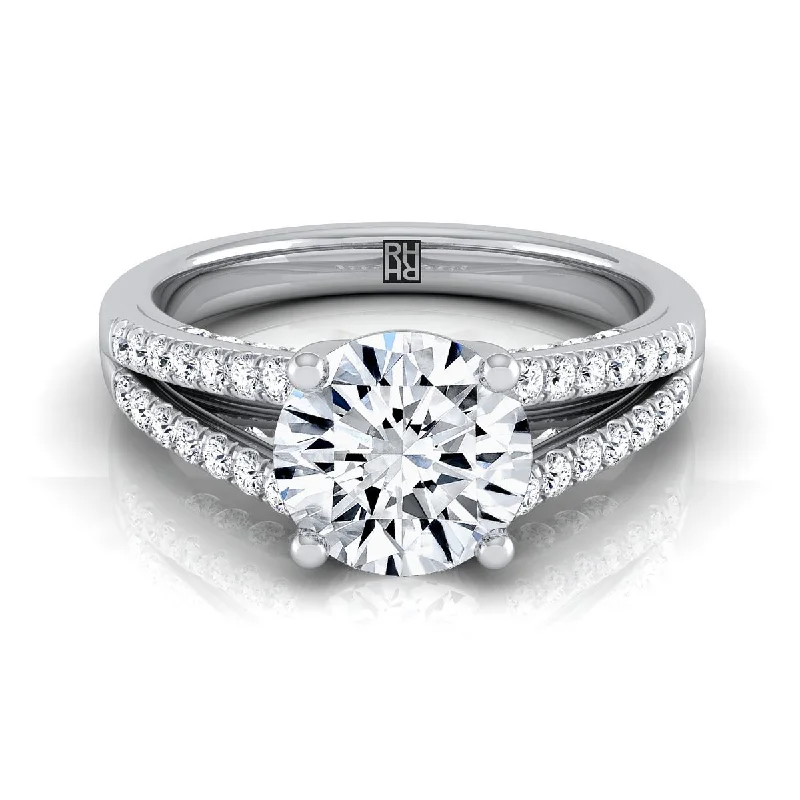 engagement rings with cushion-cut diamonds and sapphire accents-14K White Gold Round Brilliant Diamond Split Shank French Pave Engagement Ring -1/3ctw