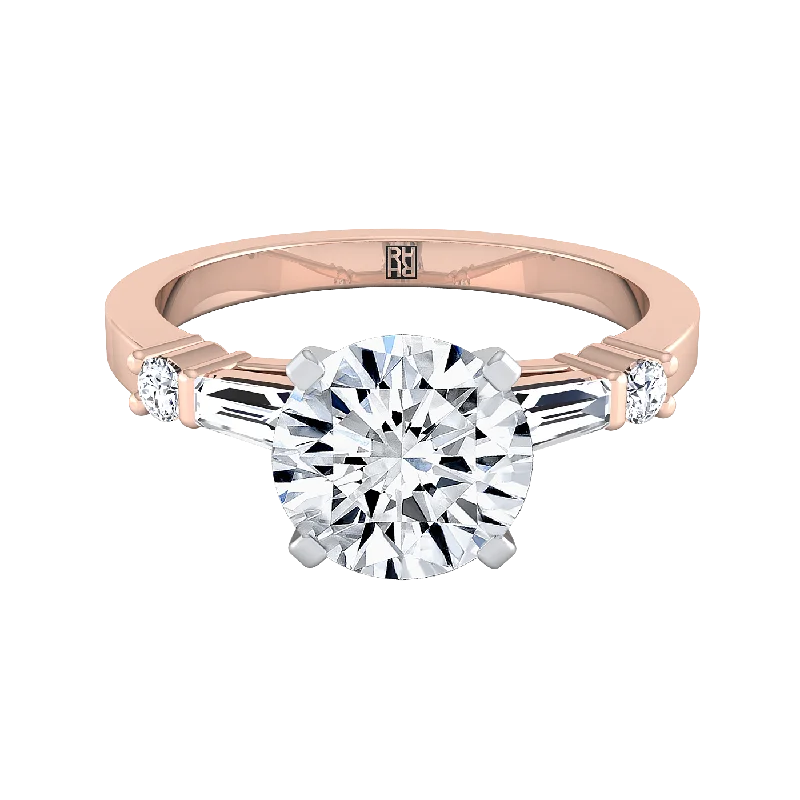 men’s wedding rings with black sapphires and diamond accents-14K Rose Gold Round Brilliant Diamond Simple Baguette and Round Solitaire Engagement Ring -1/4ctw