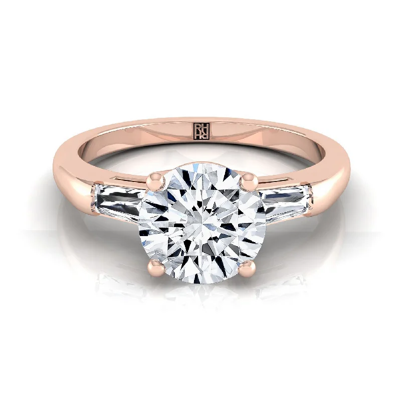 engagement rings with princess-cut sapphires and diamond accents-14K Rose Gold Round Brilliant Diamond Three Stone Tapered Baguette Engagement Ring -1/5ctw