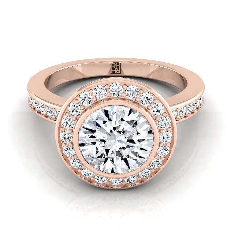 women’s rings with cushion-cut diamonds and sapphire accents-14K Rose Gold Round Brilliant Diamond Matching Halo and Channel Band Engagement Ring -3/8ctw