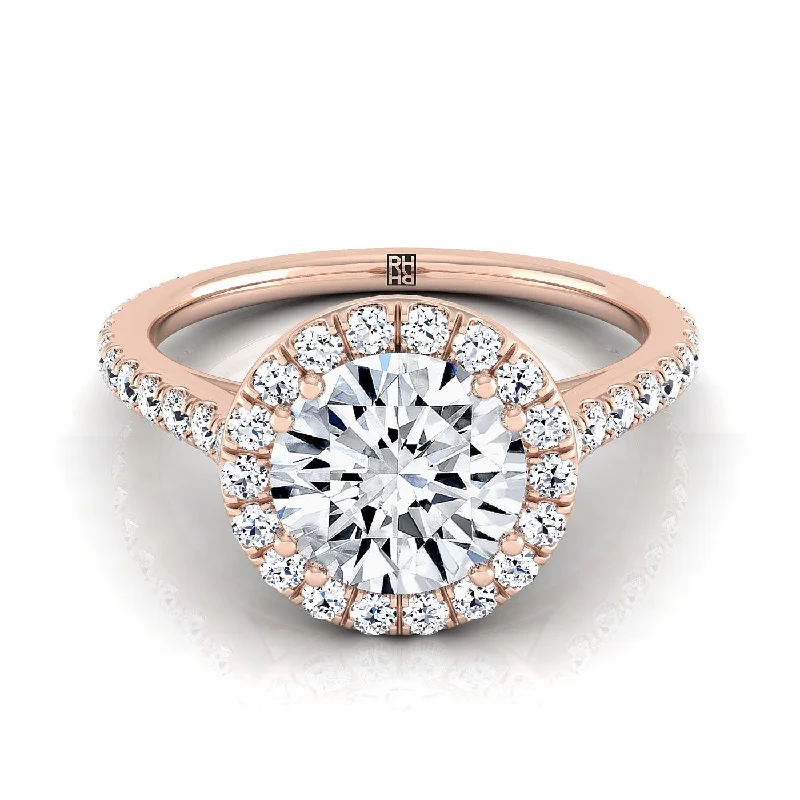 women’s rings with princess-cut sapphires and diamond pave-14K Rose Gold Round Brilliant Diamond Horizontal Fancy East West Halo Engagement Ring -1/2ctw