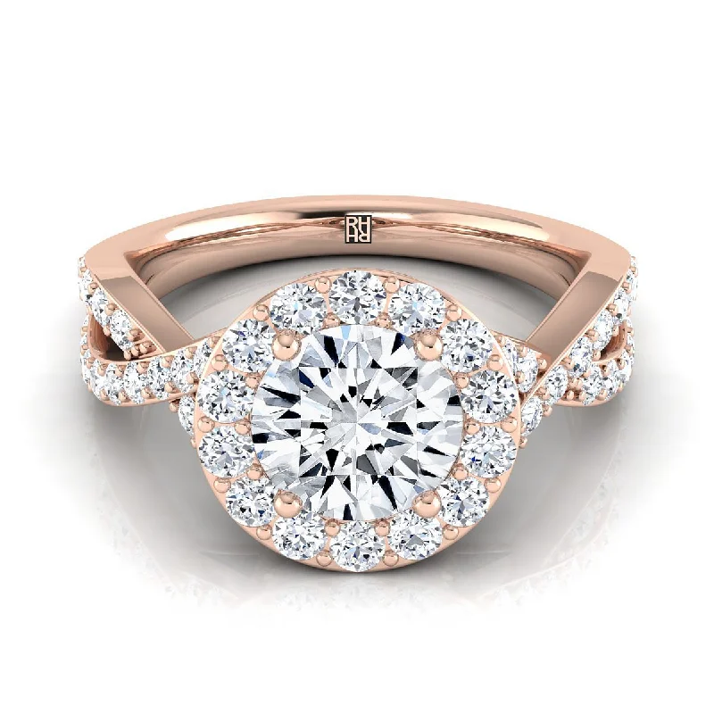 women’s rings with large diamonds and sapphire pave bands-14K Rose Gold Round Brilliant Twisted Open Lattice Diamond Halo Engagement Ring -3/4ctw