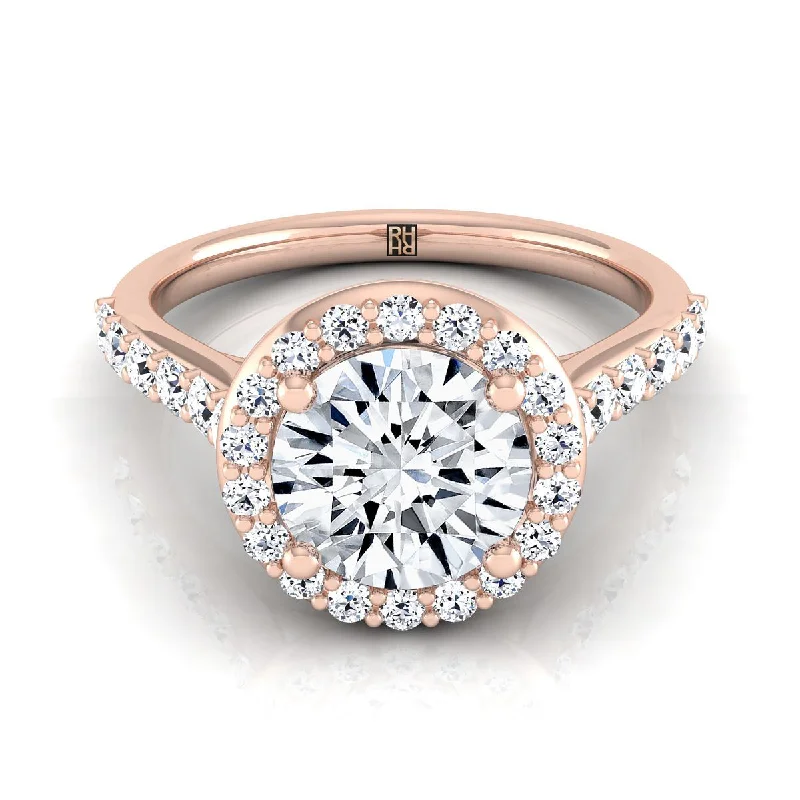 women’s engagement rings with round sapphires and diamond center stones-14K Rose Gold Round Brilliant Diamond Shared Prong Halo with French Pave Engagement Ring -1/2ctw