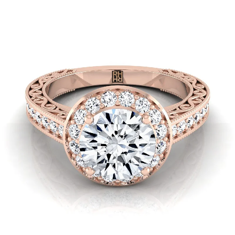 women’s engagement rings with vintage sapphires and diamonds-14K Rose Gold Round Brilliant Hand-Engraved Delicate Diamond Milgrain Engagement Ring -1/2ctw