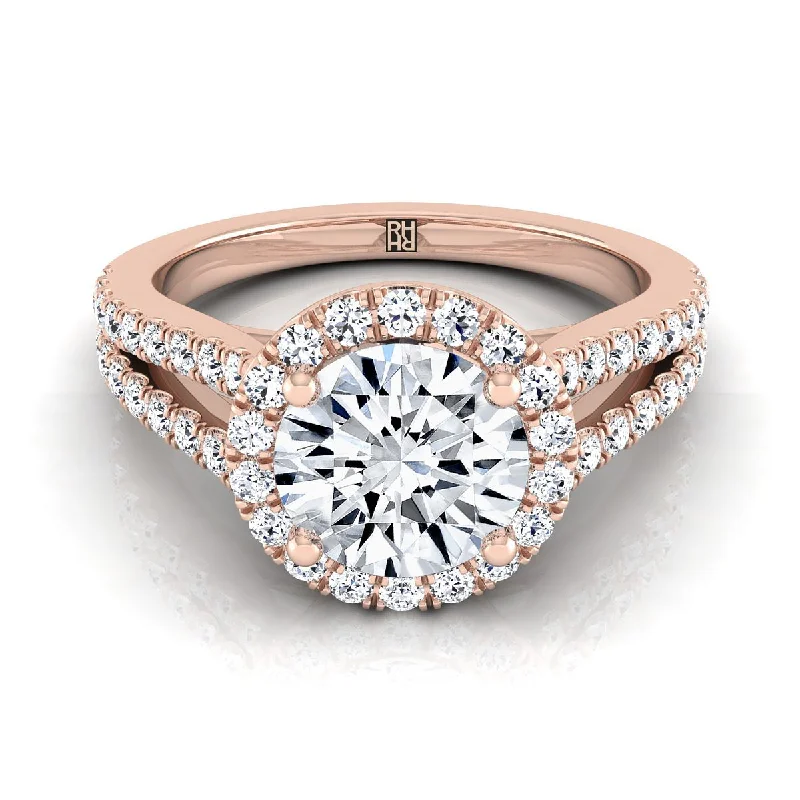 engagement rings with princess-cut diamonds and sapphire pave-14K Rose Gold Round Brilliant Split Shank and Diamond Pave Halo Engagement Ring -1/2ctw