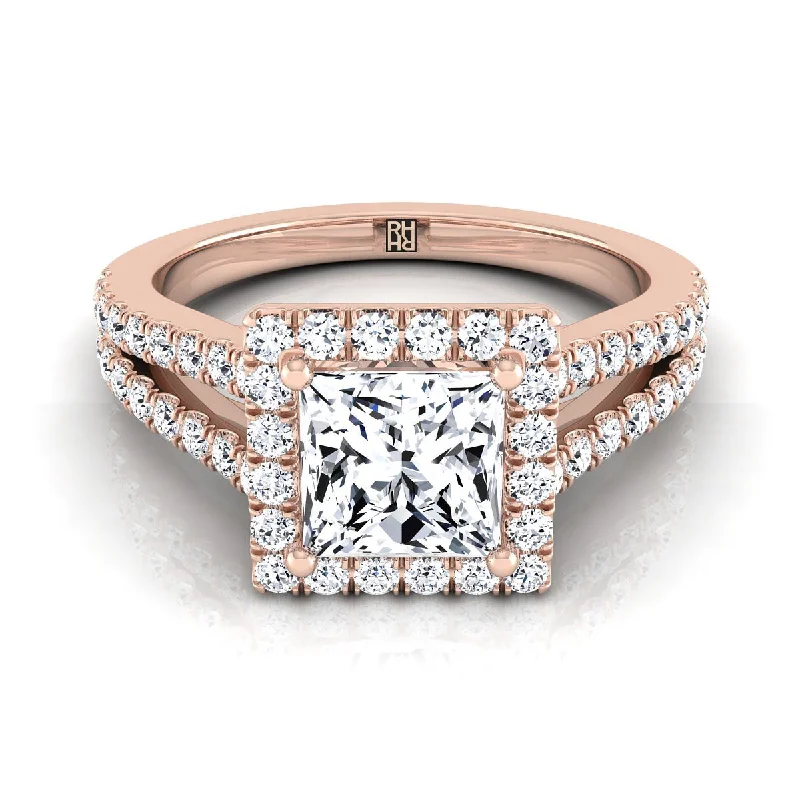 women’s engagement rings with oval diamonds and sapphire bands-14K Rose Gold Princess Cut Split Shank and Diamond Pave Halo Engagement Ring -1/2ctw