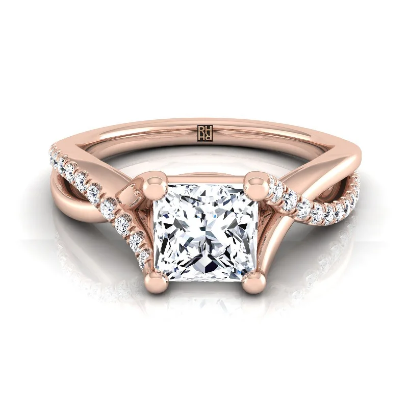 engagement rings with oval sapphires and round diamonds-14K Rose Gold Princess Cut Bypass Pave Diamond Twist Engagement Ring -1/6ctw