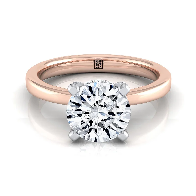 engagement rings with emerald-cut sapphires and diamond pave bands-14K Rose Gold Round Brilliant Diamond Hidden Pave Basket Crown Solitaire Engagement Ring -1/10ctw