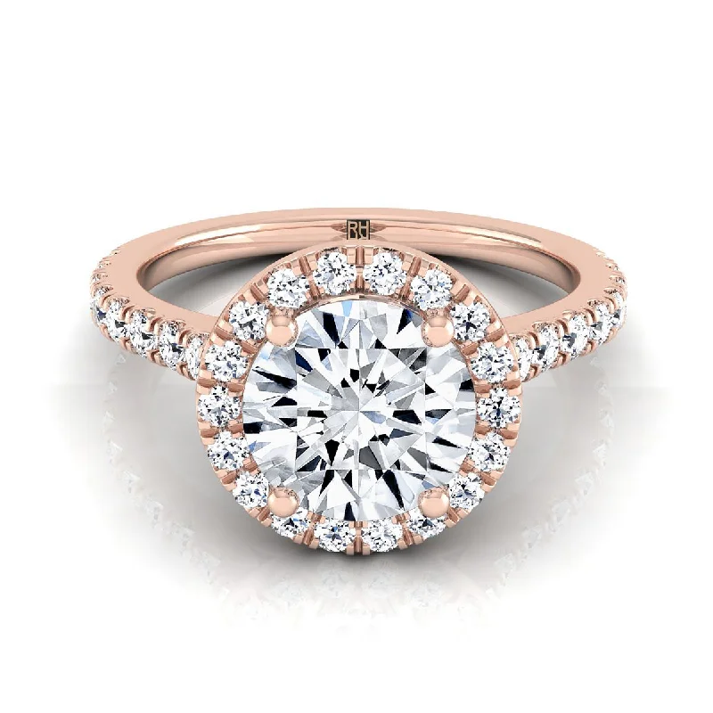 engagement rings with radiant sapphires and diamonds in modern styles-14K Rose Gold Round Brilliant Diamond Shared Prong Halo with French Pave Engagement Ring -3/8ctw