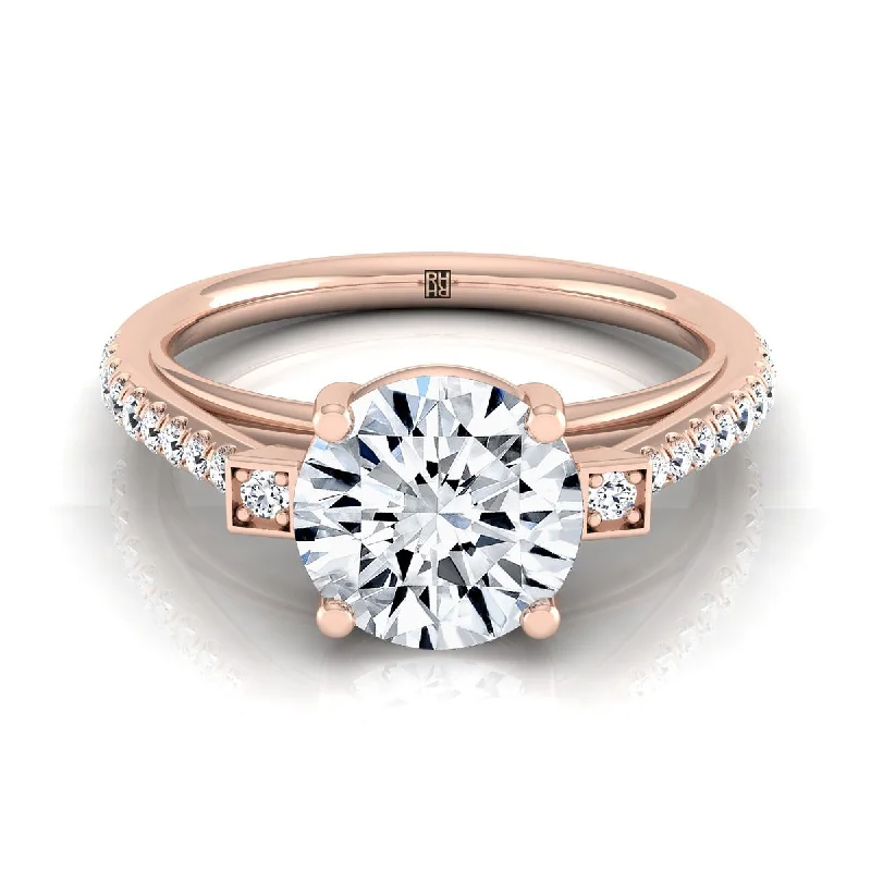 men’s wedding rings with oval diamonds and sapphire center stones-14K Rose Gold Round Brilliant Diamond Delicate Three Stone Pave Engagement Ring -1/3ctw