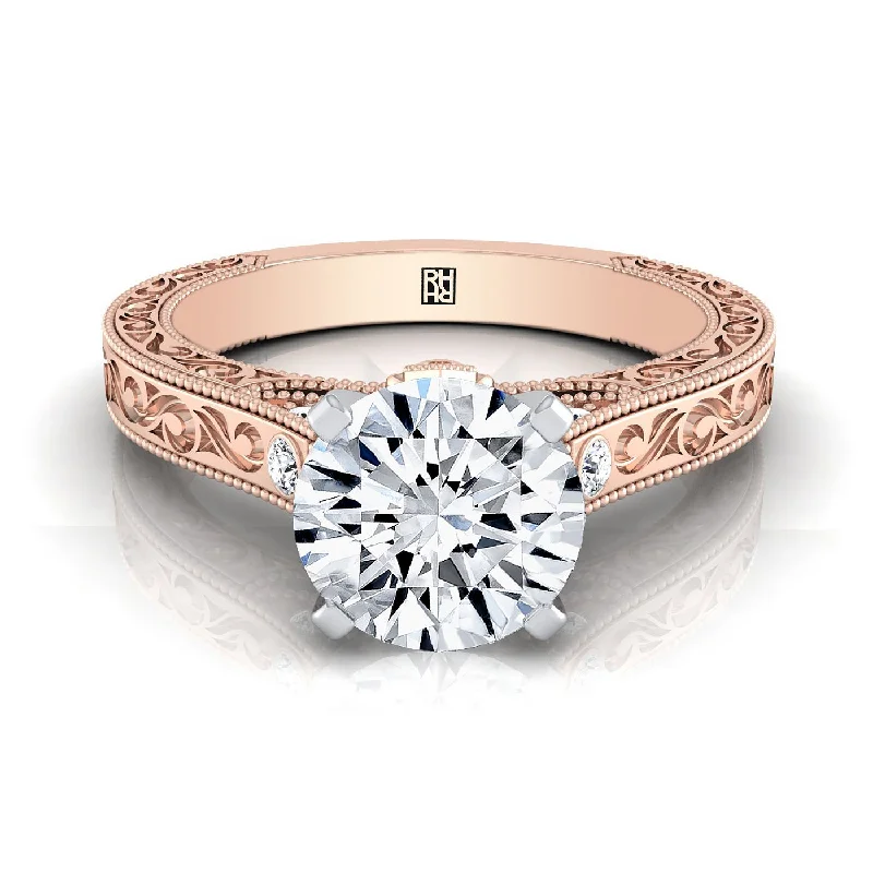 women’s rings with oval sapphires and diamond center stones-14K Rose Gold Round Brilliant Delicate Diamond Accented Antique Hand Engraved Engagement Ring -1/10ctw