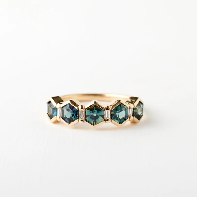 engagement rings with radiant sapphires and diamond center stones-Arden Ring - Teal Blue Hexagon Sapphire + Diamonds