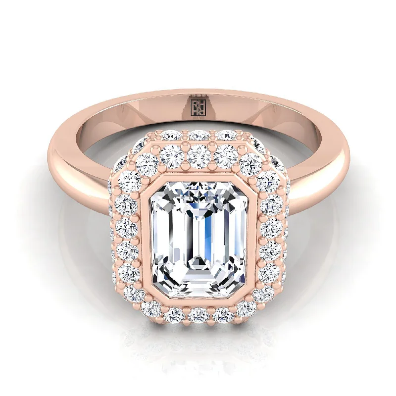 engagement rings with emerald-cut sapphires and diamond pave-14K Rose Gold Emerald Cut Bezel Pave 3D Halo Solitaire Engagement Ring