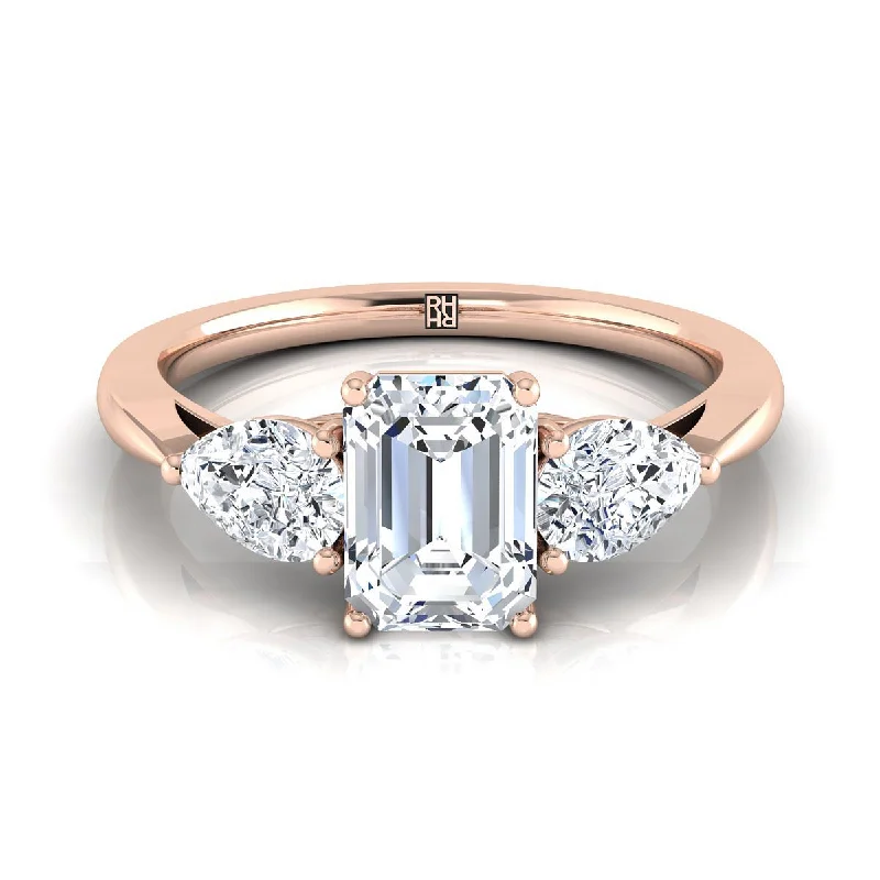 men’s wedding bands with diamond and sapphire center stones-14K Rose Gold Emerald Cut Diamond Perfectly Matched Pear Shaped Three Diamond Engagement Ring -7/8ctw