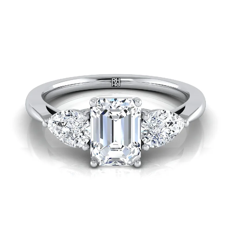 women’s engagement rings with princess-cut diamonds and sapphires-14K White Gold Emerald Cut Diamond Perfectly Matched Pear Shaped Three Diamond Engagement Ring -7/8ctw