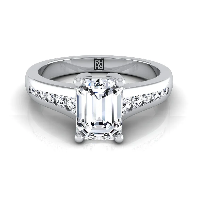 engagement rings with round sapphires and diamond pave designs for weddings-14K White Gold Emerald Cut Contemporary Tapered Diamond Channel Engagement Ring -1/6ctw