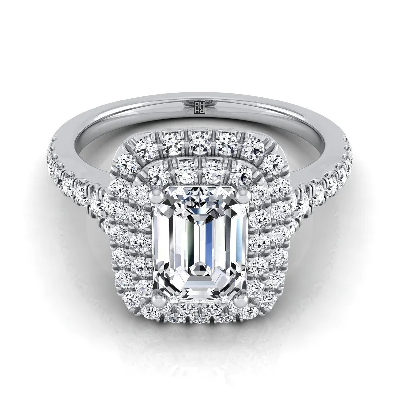 women’s engagement rings with radiant sapphires and diamond halos-14K White Gold Emerald Cut Diamond Double Halo Scalloped Pavé Engagement Ring -1/2ctw