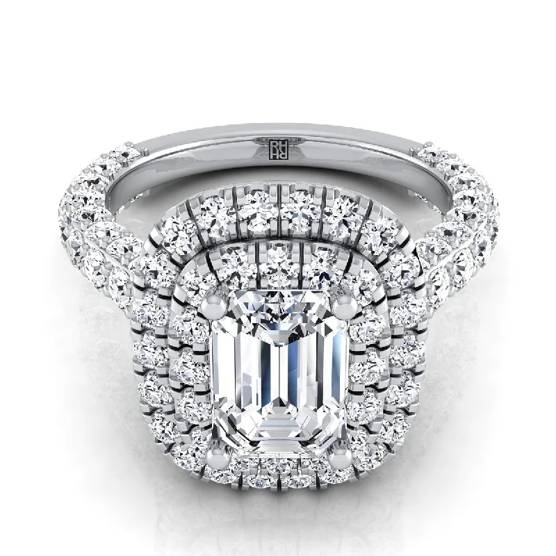 women’s rings with princess-cut sapphires and diamond pave-14K White Gold Emerald Cut Diamond Bold and Fancy Double Halo French Pave Engagement Ring -2ctw