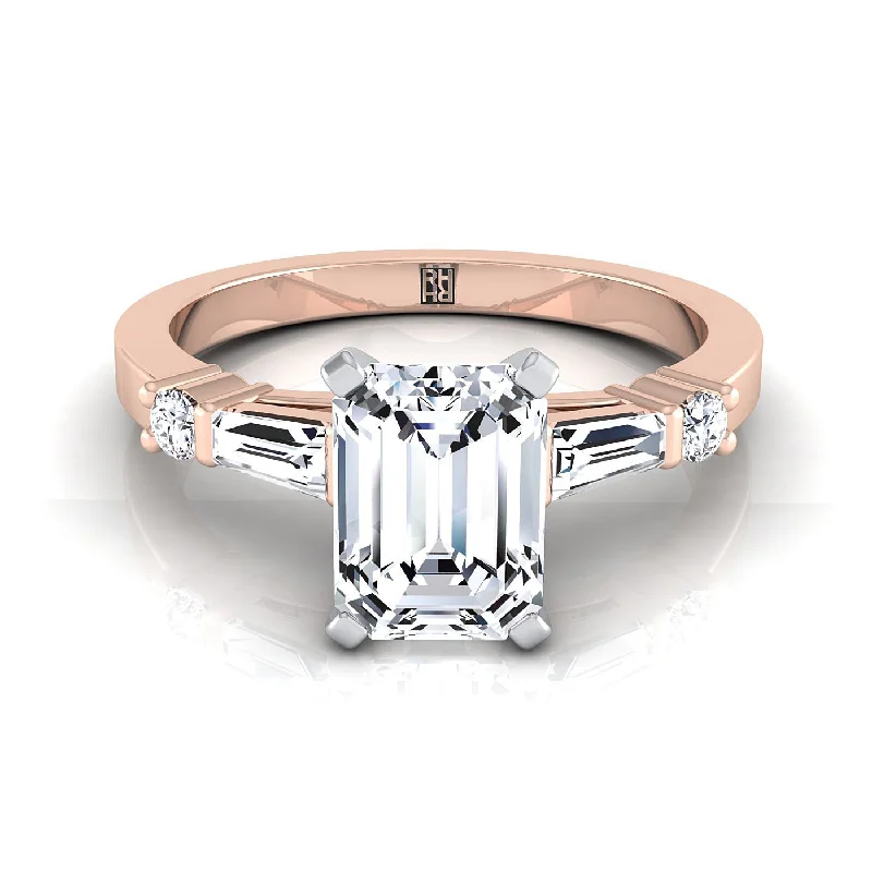 women’s rings with cushion-cut diamonds and sapphire halos-14K Rose Gold  Diamond Simple Baguette and Round Solitaire Engagement Ring -1/4ctw