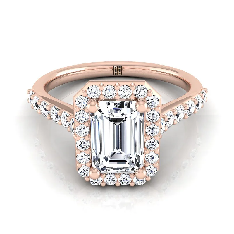 men’s wedding rings with diamond and sapphire designs for men-14K Rose Gold Emerald Cut Diamond Shared Prong Halo with French Pave Engagement Ring -1/2ctw