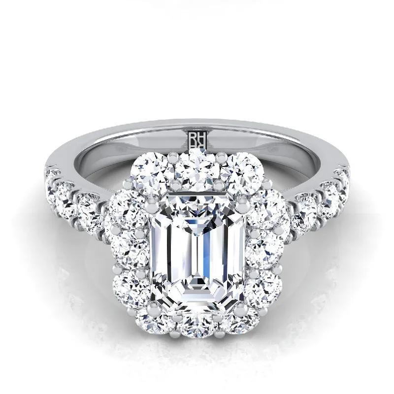 men’s rings with vintage sapphires and diamond details-14K White Gold Emerald Cut Diamond Luxe Style French Pave Halo Engagement Ring -1-1/10ctw