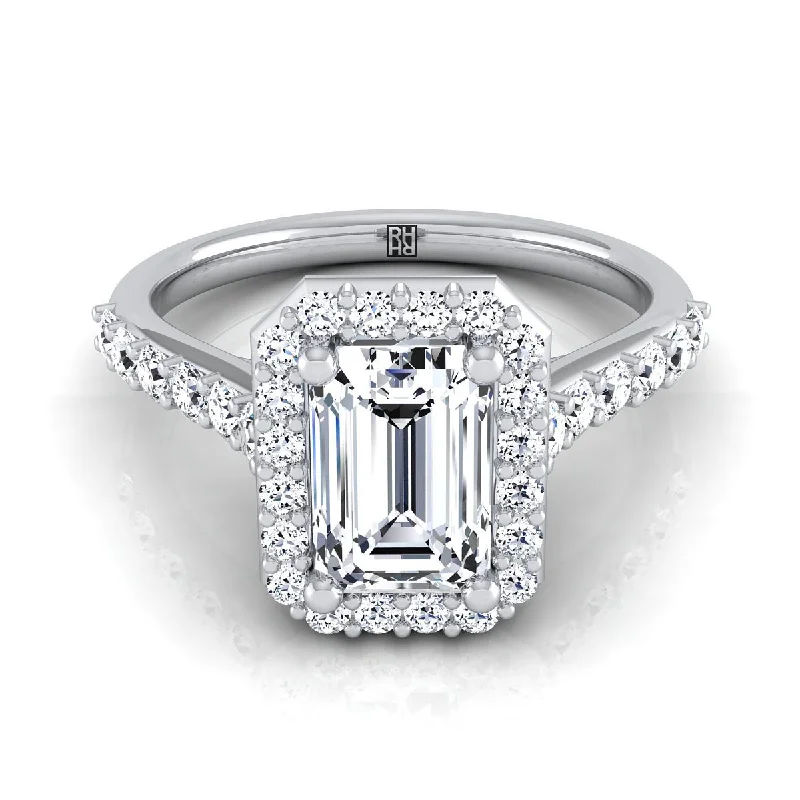 men’s wedding rings with round sapphires and diamond accents-14K White Gold Emerald Cut Diamond Shared Prong Halo with French Pave Engagement Ring -1/2ctw