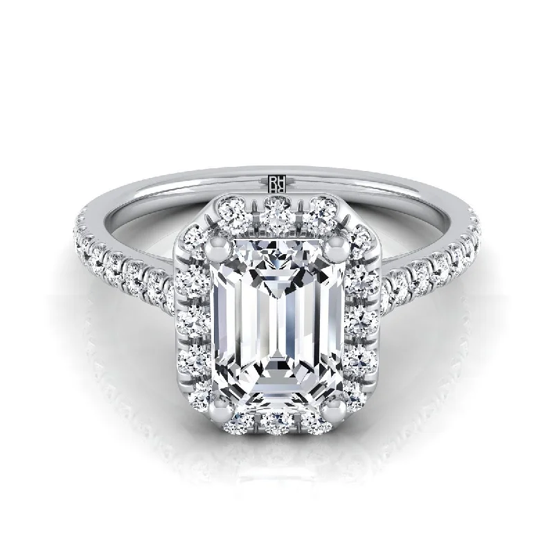 men’s wedding rings with emerald-cut diamonds and sapphire bands-14K White Gold Emerald Cut Classic French Pave Halo and Linear Engagement Ring -3/8ctw