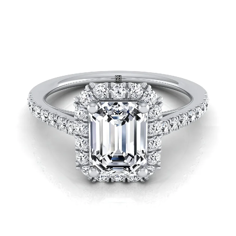 women’s engagement rings with round sapphires and diamond pave designs-14K White Gold Emerald Cut Diamond Petite Halo French Pave Engagement Ring -3/8ctw