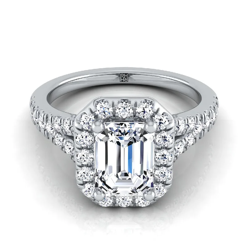 women’s rings with oval sapphires and diamond settings-14K White Gold Emerald Cut Diamond Simple Prong Halo with Petite Split Shank Pave Engagement Ring -1/2ctw