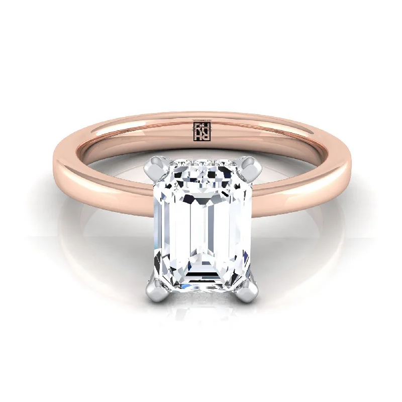 men’s wedding bands with diamond and sapphire center stones-14K Rose Gold Emerald Cut Diamond Hidden Pave Basket Crown Solitaire Engagement Ring -1/10ctw