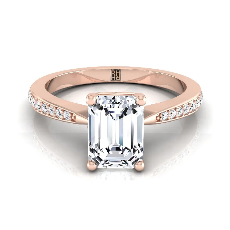 engagement rings with oval sapphires and round diamonds for engagement-14K Rose Gold Emerald Cut Diamond Tapered Pave Engagement Ring -1/8ctw