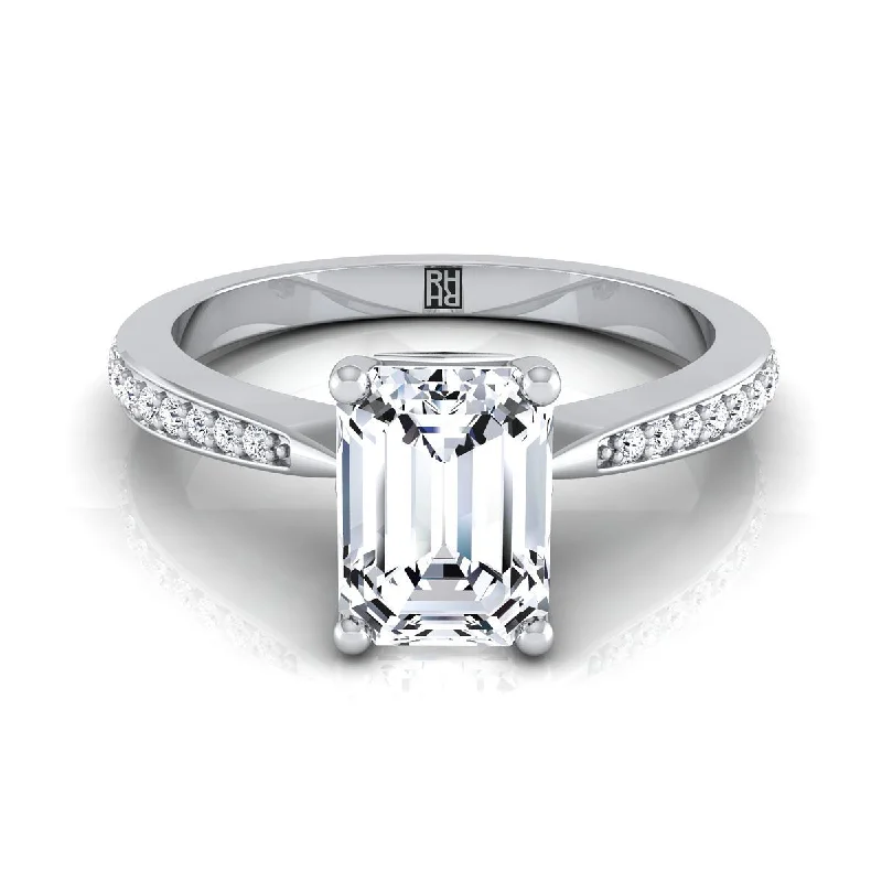 women’s rings with radiant diamonds and sapphire center stones-14K White Gold Emerald Cut Diamond Tapered Pave Engagement Ring -1/8ctw