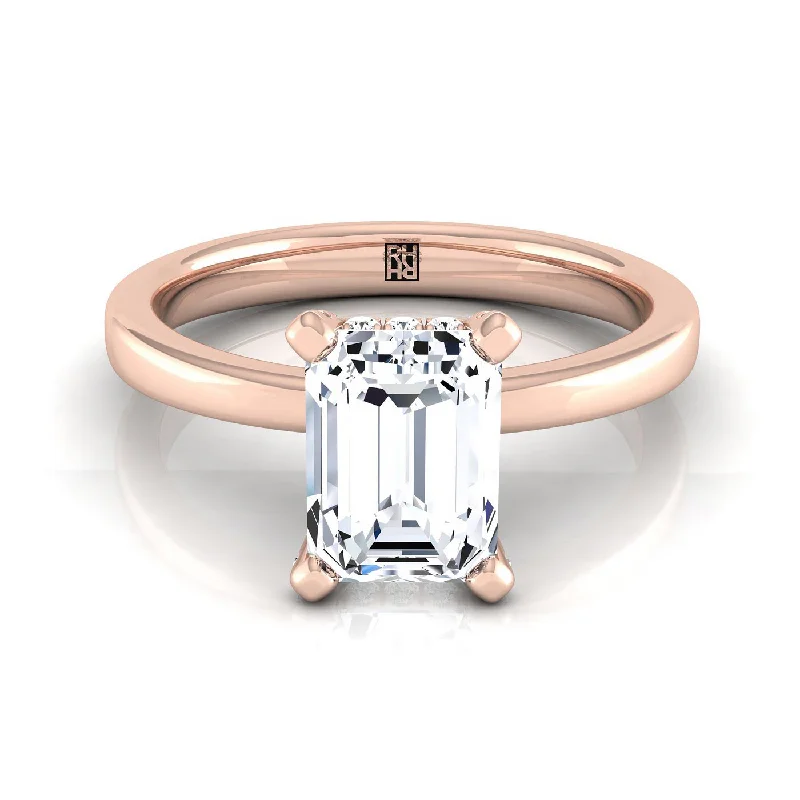 men’s wedding rings with sapphire pave and diamond details-14K Rose Gold Emerald Cut Diamond Adorned Claws and Secret Halo Solitaire Engagement Ring -1/10ctw