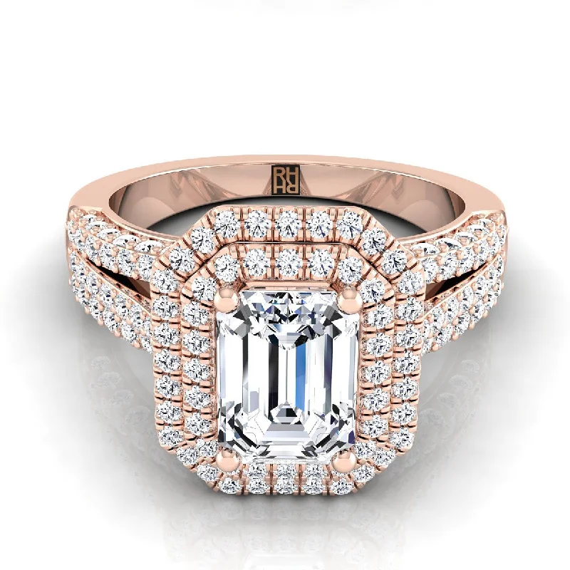 engagement rings with square sapphires and diamond pave settings-14K Rose Gold Emerald Cut Extraordinary Three Tier Diamond Halo Crown Engagement Ring -7/8ctw