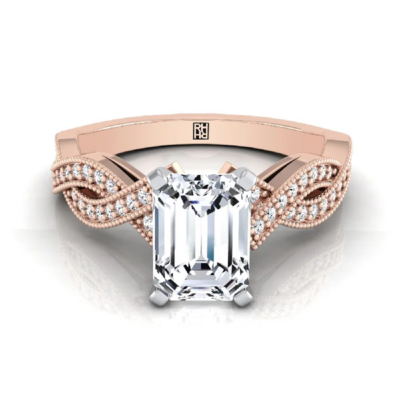 engagement rings with radiant sapphires and diamond pave settings-14K Rose Gold Emerald Cut Antique Twisted Open Beaded Diamond Halo Engagement Ring -1/5ctw