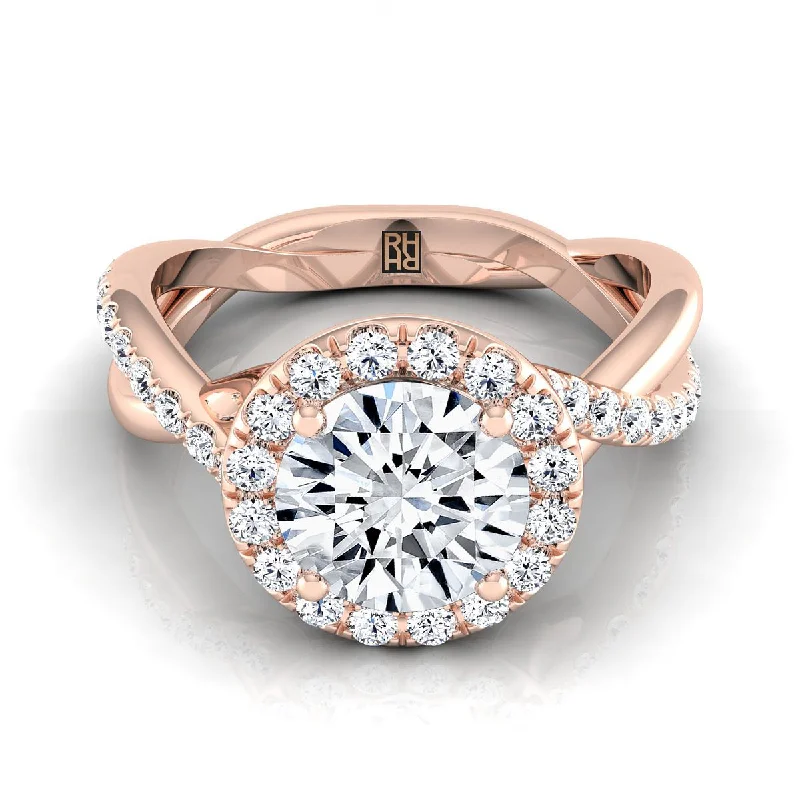 women’s rings with oval sapphires and diamond center stones-14K Rose Gold Round Brilliant Diamond Twisted Vine Halo Engagement Ring -1/2ctw