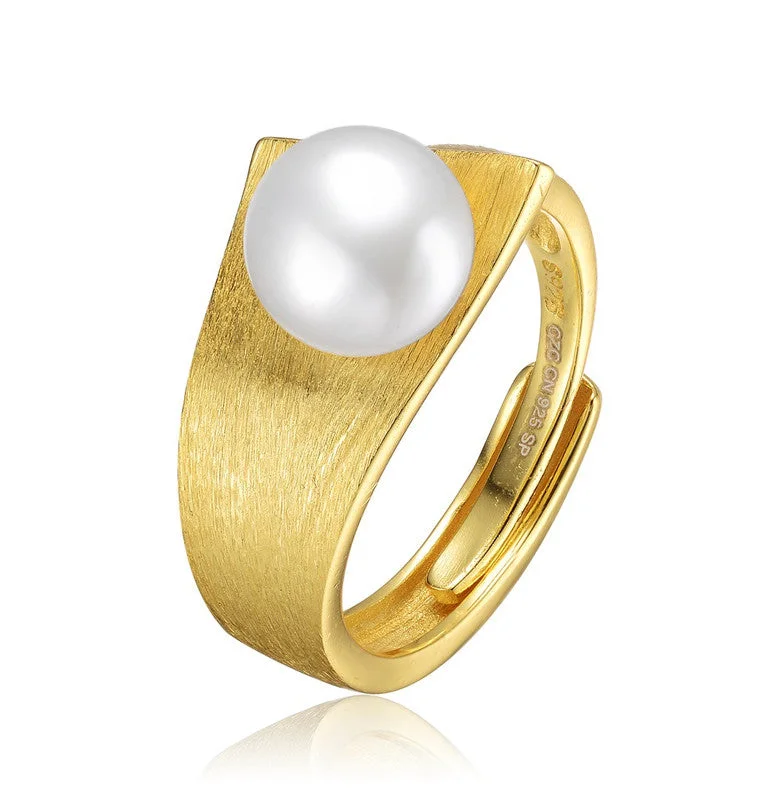 women’s rings with oval sapphires and diamond pave designs-Ga Sterling Silver Gold Plated With Freshwater Pearl Linear Adjustable Ring