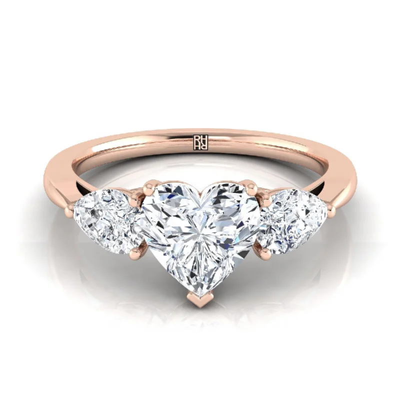 women’s rings with radiant sapphires and diamond pave designs-14K Rose Gold Heart Shape Center Diamond Perfectly Matched Pear Shaped Three Diamond Engagement Ring -7/8ctw