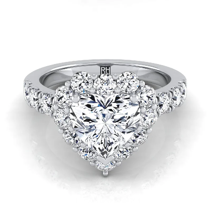 women’s wedding rings with emerald-cut sapphires and diamonds-14K White Gold Heart Shape Center Diamond Luxe Style French Pave Halo Engagement Ring -1-1/10ctw