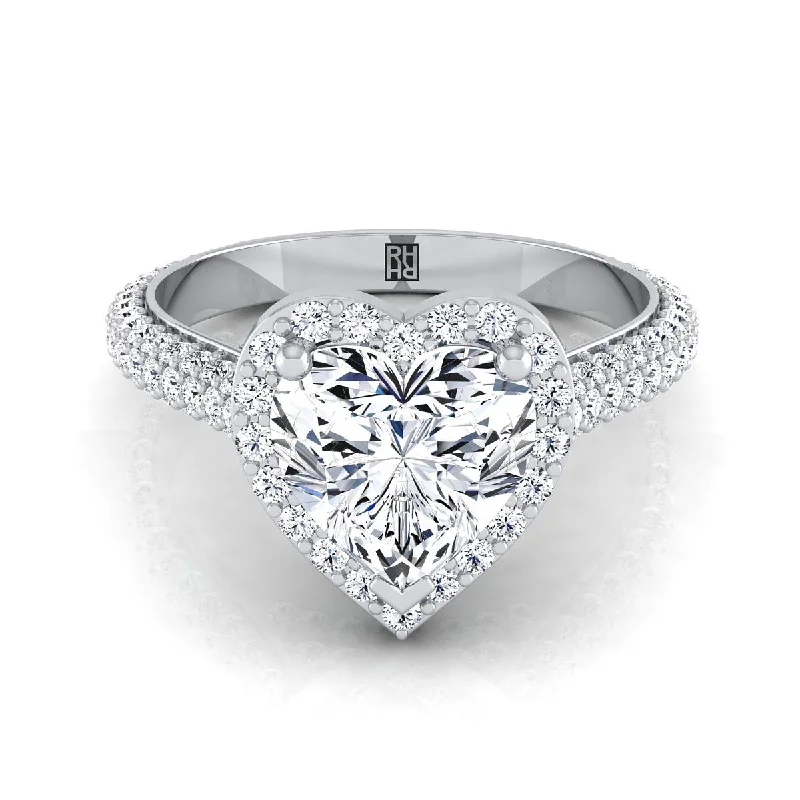 engagement rings with oval sapphires and round diamonds for men-14K White Gold Heart Shape Center Diamond Micro-Pavé Halo Engagement Ring -7/8ctw