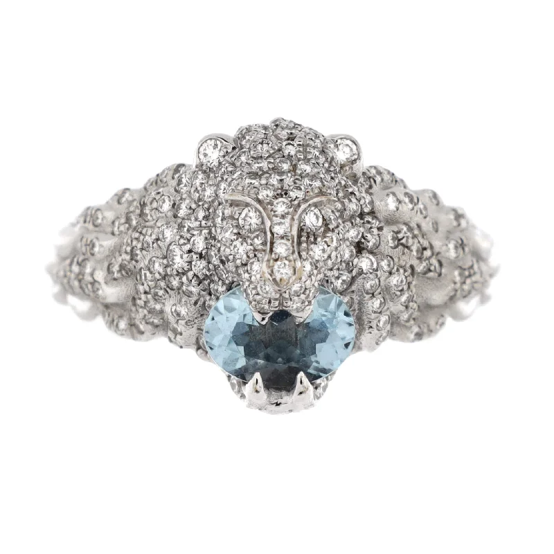 men’s rings with vintage sapphires and diamond details-Lion Head Ring 18K White Gold with Pave Diamonds and Aquamarine