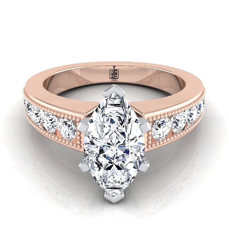 women’s rings with cushion-cut sapphires and diamond accents-14K Rose Gold Marquise  Diamond Antique Milgrain Bead and Channel Set Engagement Ring -1/2ctw