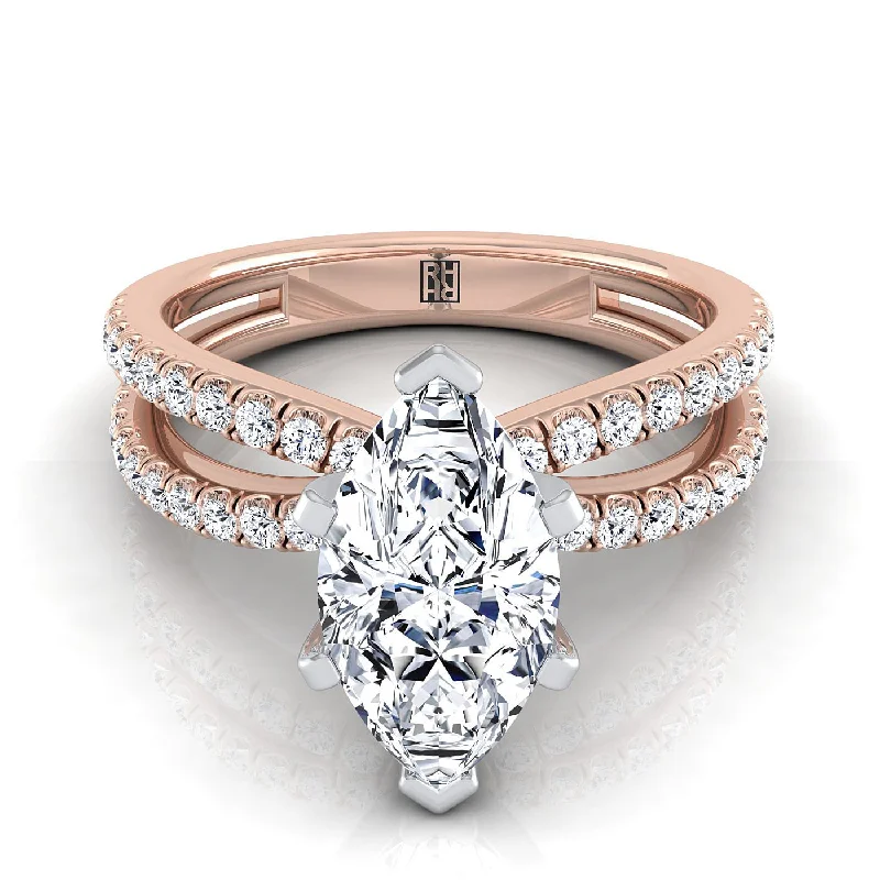 engagement rings with cushion-cut sapphires and diamond bands-14K Rose Gold Marquise  Diamond Two Row Pavé Split Shank Engagement Ring -1/3ctw