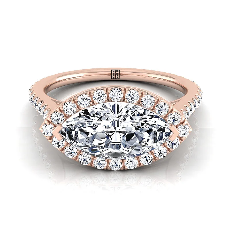 engagement rings with emerald-cut diamonds and sapphire accents-14K Rose Gold Marquise  Diamond Horizontal Fancy East West Halo Engagement Ring -1/2ctw